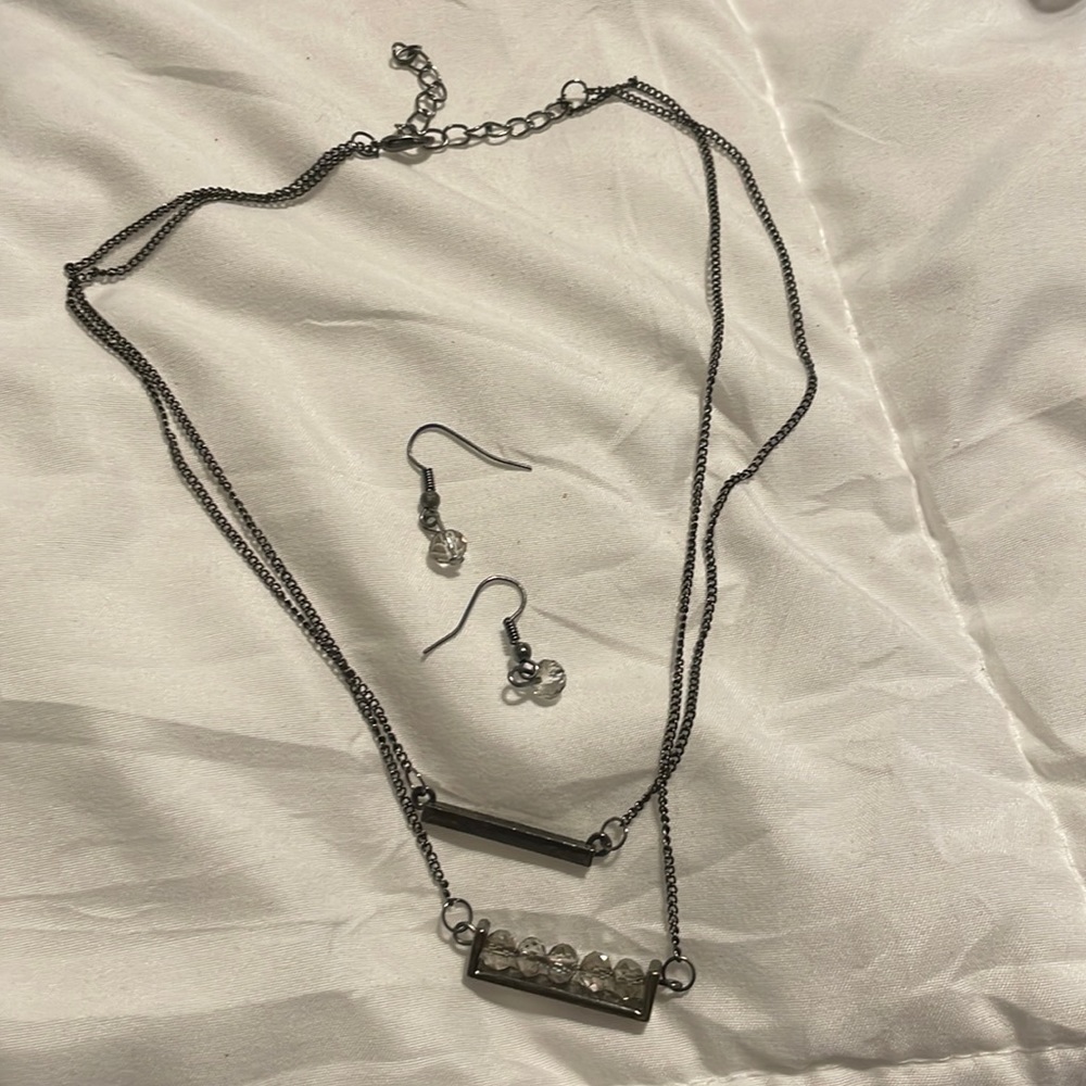 Double layer black metal necklace and matching earrings